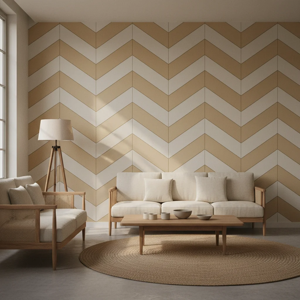 Motifs géométriques au mur : losange, chevron, terrazzo