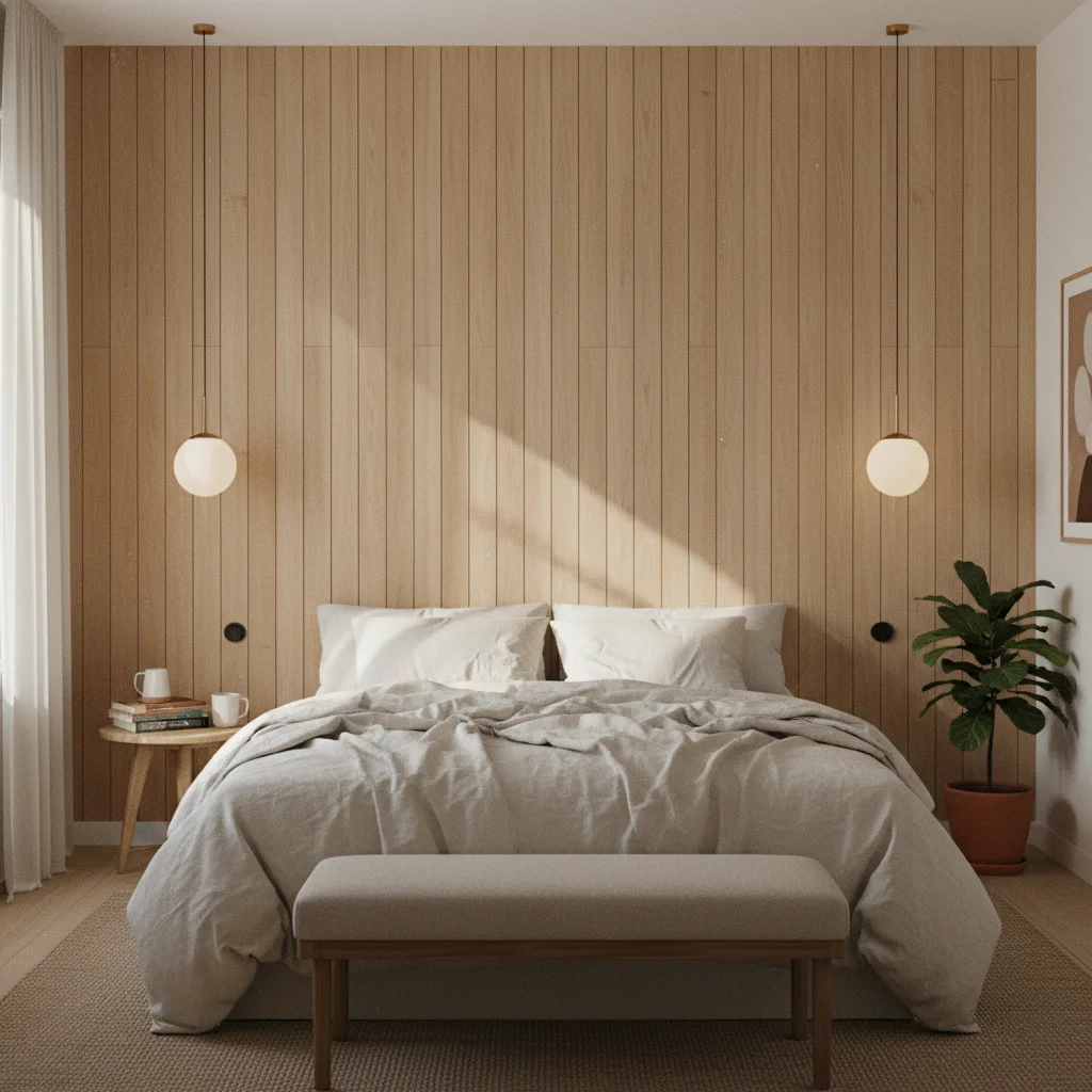 Une tête de lit en bois adhésif sur tout le mur