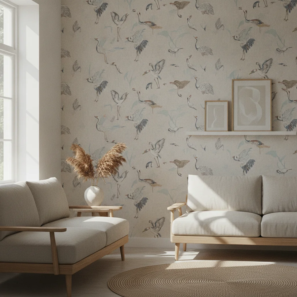 Papier peint animalier : grues, oiseaux et bestiaire au mur